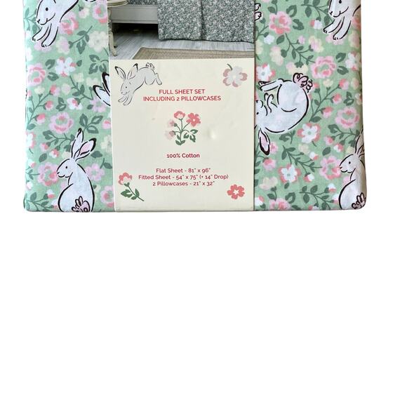 Cath Kidston london JUMPING BUNNIES GREEN Floral 4pc FULL Sheet Set NEW - Picture 9 of 10